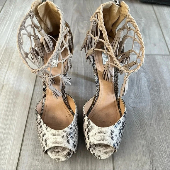 SCHUTZ Peep Toe Fun Leather Snakeskin Heels with Ankle Strap - Picture 2 of 9